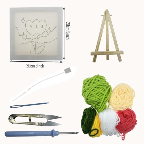 Image of Allazone Punch Needle Embroidery Kit, Square Frame with Green and Pink Tulip Pattern, Includes Frame, Stand, Punch Needle, Scissors, Yarns, Adults Beginner Friendly