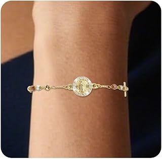Catholic Rosary Bracelet for Women 14K Gold Virgin Mary Rosarios Jesus Cross Charm Link Chain Virgen de Guadalupe Religious Jewelry Gifts for Confirmation Baptism First Communion
