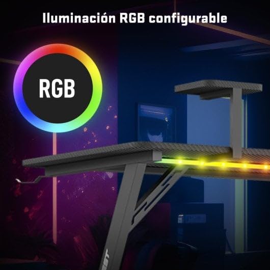 Tempest Sanctuary Mesa Gaming 160x75cm, Superficie Fibra de Carbono, RGB, Cargador Qi, USB Hub, Negra