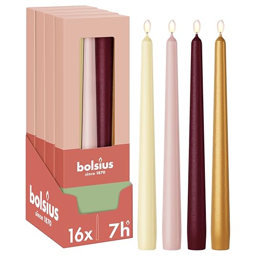bolsius - Bougies Effilées Lisses, Lot de 16, Haptic Luxury, Bougies Décoratives pour la Maison, Longue Durée de Combustion, Non Parfumées, Cire Végétale Naturelle, Sans Huile de Palme