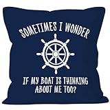 MONALET Navy Blue Funny Boat Nautical Throw Pillow Covers 18x18, Home Decor Pillow Cases for Boat Lovers Bedroom Living Room, I Wonder If My Boat Is Thinking About Me Too Decorative Square Pillowcases