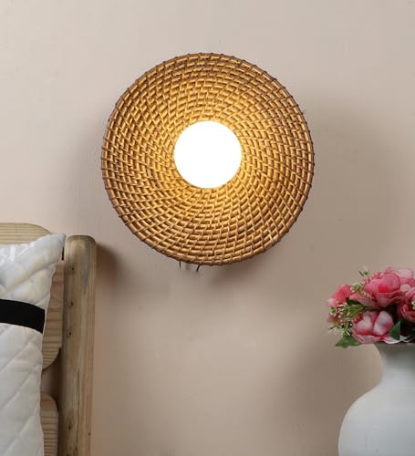 Image of AKWAY Rattan wall Lamps for Living Room | Bamboo wall Lights for Bedroom | Cane wall scones for Home Decoration (Cane Small Saucer - Brown)