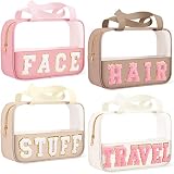 Glimin 4 Pcs Chenille Letter Nylon Makeup Bag PVC Clear Zipper Pouches for Purse Portable Travel Pou
