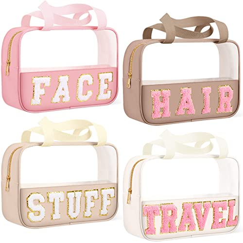 Glimin 4 Pcs Chenille Letter Nylon Makeup Bag Pvc Clear Zipper Pouches For Purse Portable Travel Pouch Cosmetic Preppy Tote Bag Toiletry Storage Bag For Women Travel Hair Face Stuff (Pink Brown) #TOP5