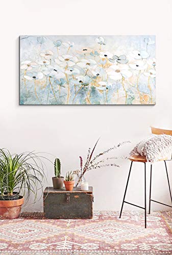 ArtbyHannah 24x48 Inch Hand Painted Abstract Floral Canvas Wall Art Decor, Large Oil Painting Artwork for Living Room, Farmhouse Wildflowers Wall Painting Textured White for Bedroom or Bathroom Framed Ready to Hang
