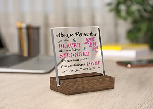 Always Remember You Are Braver - Inspirational Clear Desk Decorative Sign With Wood Stand, Home Bedroom Office Positive Plaque Sign For Son, Daughter, Niece, Nephew, Graduation Birthday Gifts #TOP2