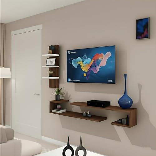 Bros Moon Stylish Wall Mounted TV Unit for Living Room | Dual J Inverted Expandable Base Shelves | Set Top Box & Media Console | Ideal for TVs Up to 55 Inches (Dark Wenge& White)