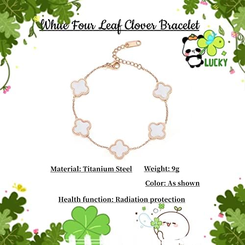 GAUEIOUR White Four Leaf Clover Bracelet, Women's Titanium Steel Bracelet, Simple Design Style, Delicate Four Leaf Clover Jewelry, Lucky Bracelet, Jewelry for Girls and Women (White)