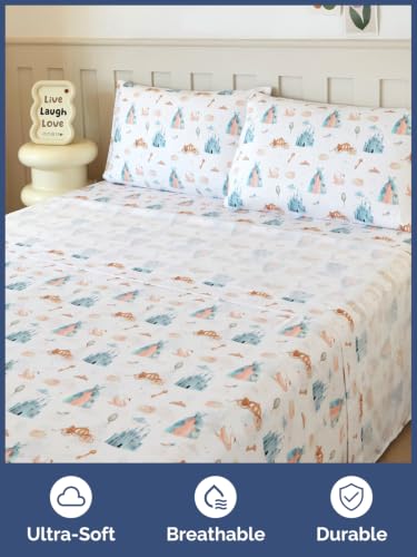 Image of Kids Queen Size Castle Bed Sheets - 4 Piece Kids Castle Sheet Set - Fairytale Magic Bedding - Ultra-Soft, Cute & Cozy - Breathable & Machine Washable - Blue Bed Set for Boys, Girls, Teens & Toddlers