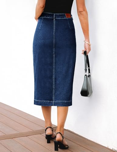 luvamia Jean Skirts for Women Denim Trendy Casual Stretchy High Waisted Midi Front Pockets Below Knee Skirt with Slit2