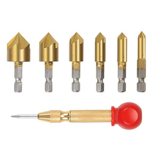 Milling Drill Bit with Central Punch 6mm 8mm 9mm 12mm 16mm 19mm Diameter 1/4 Inch Hex Shank 90 Degree 5 Flute Chamfer Tool Titanium Plating HSS 7 in 1 Set