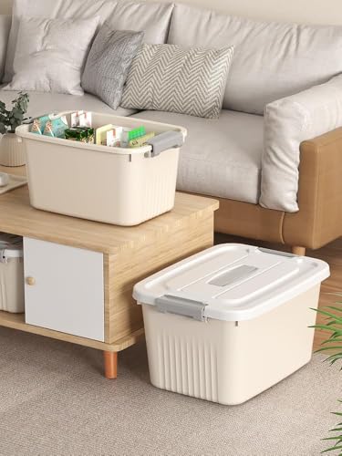Image of Ash & Roh Plastic Storage Box /Bin /Container with Locking Lid - Sturdy and Versatile Home Organizer, Available in Multiple Size. (2, CREAM, medium 25cm X 34 cm X 18 cm)