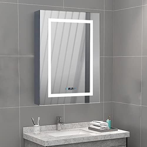 Medicine Cabinet with Lights and Mirror, LED Medicine Cabinet for Bathroom, with Defogger, Dimmer, Clock and Temper Display, Memory Function, 20''X28'', Surface Mounted, Stainless Steel, Left Hinges