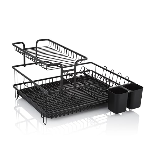 Swan Stealth 15 Plate Dish Rack with Removable Cutlery Holder, Drip Tray, Space Saving Two Tier Design, Iron Body, Black