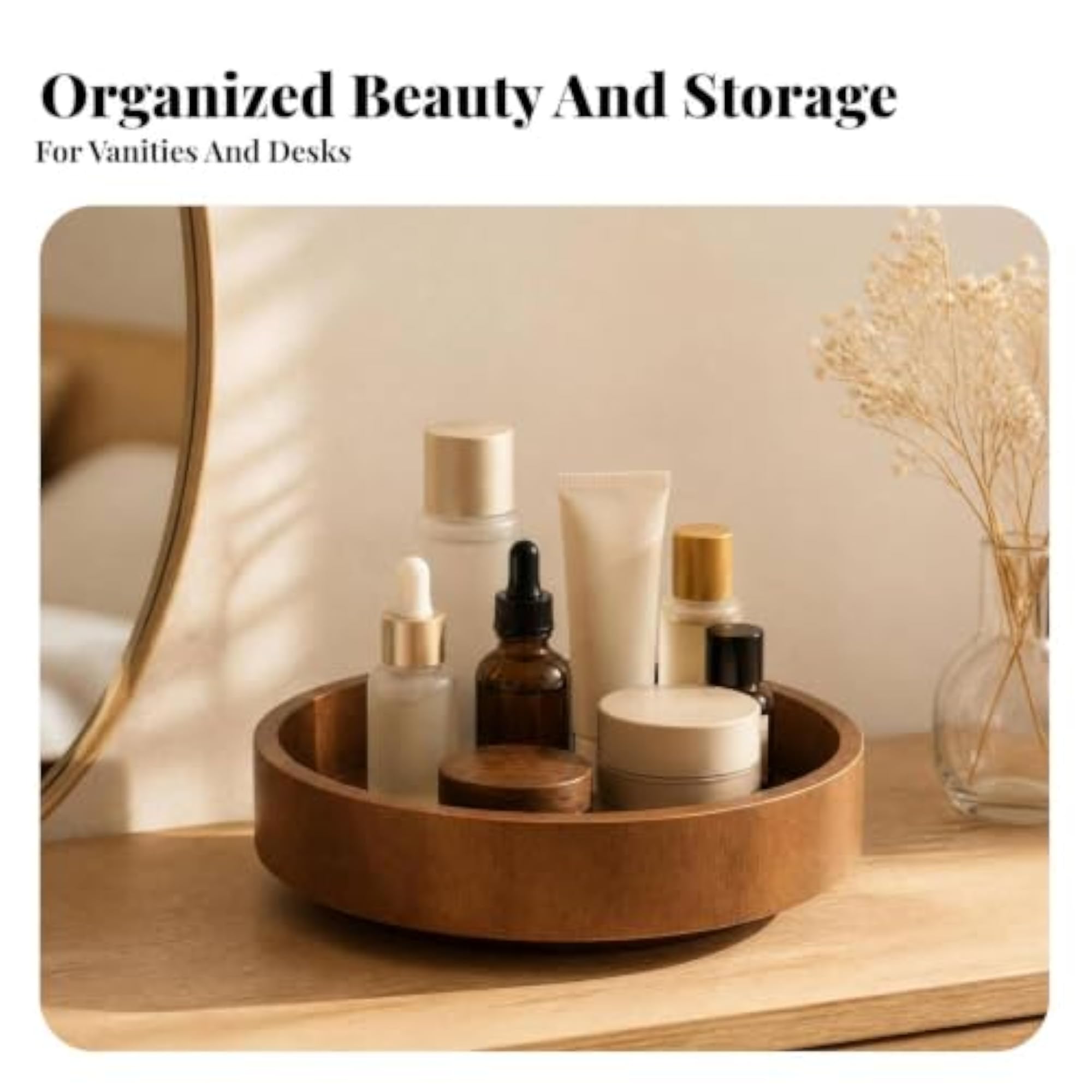 Wooden Rotating Storage Tray for Cosmetics, Walnut-Brown