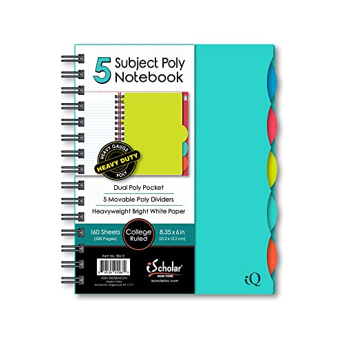 Ischolar 5 Subject Poly Cover Double Wire Notebook, 8.35 X 6 Inches, Cover Color May Vary (58615)160 Sheets , Assorted #TOP5