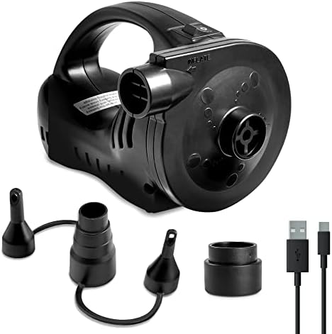Etekcity Electric Air Pump Rechargeable Air Mattress Portable Pump for Inflatables, Quick-Fill Inflator Deflator with 3 Nozzles, Type-C USB Cable, DC 5V , Black