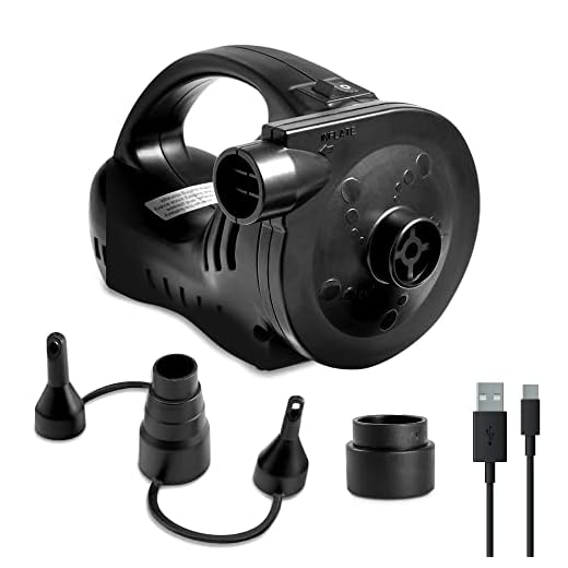 Etekcity Electric Air Pump Rechargeable Air Mattress Portable Pump for Inflatables, Quick-Fill Inflator Deflator with 3 Nozzles, Type-C USB Cable, DC 5V, Black