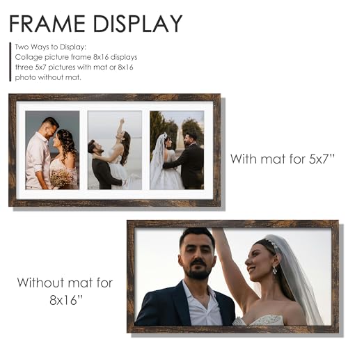 Image of DUENPY 8x16 Collage Picture Frame, 5x7 Collage Picture Frame Displays Three 5x7 inch Photos, or 8x16 (Without Mat) for Available Horizontal Wall Mounting Display and Vertical, Brown.