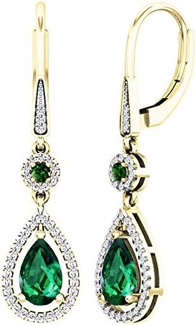 Dazzlingrock Collection 14K 8X5 MM Each Lab Created Round & Pear Emerald & Round Diamond Teardrop Dangling Earrings, Yellow Gold