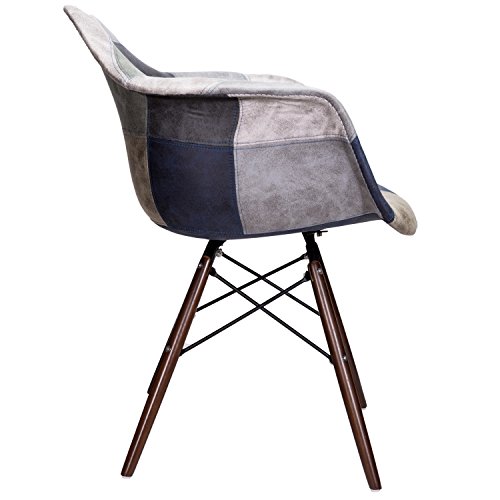 Cozyblock Mooku Blue & Gray Patchwork Leatherette Fabric Upholstered Daw Dining Accent Arm Chair With Dark Walnut Leg #TOP2