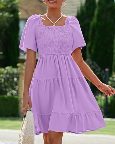 Image of BTFBM Womens Summer Smocked Mini Dress Spring Square Neck Flutter Sleeve Casual Ruffle Swing Boho Beach Dresses Pockets