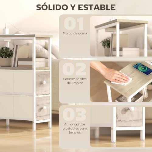Miniatura 6 de Homcom Juego De 2 Mesas Auxiliares Con Enchufe, Mesitas Auxiliares Estrechas Con Toma Ac, Puerto Usb, Puerto Usb-C, 2 Cajones De Tela, Estante Abierto, Para Salón, Dormitorio, Natural