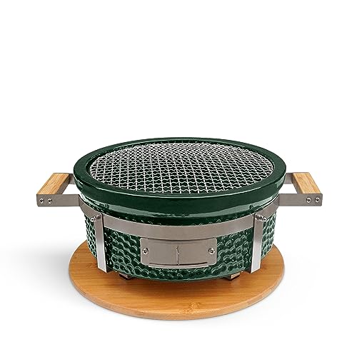 CREATE/BBQ KAMADO HIBACHI/Barbacoa ahumadora redonda verde con grill y plancha/Compacta, versatil, puede ahumar, asar y cocinar, sistema de ventilación.