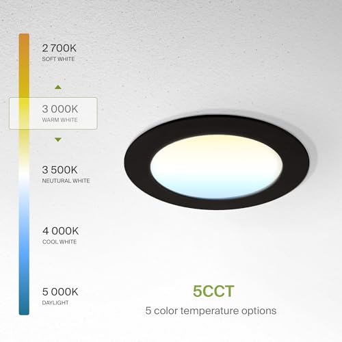ASD 6 Pack LED Recessed Lighting 4 Inch 9W, 5 CCT 2700K-5000K CRI90+, IC Rated Ultra Thin Dimmable Ceiling Lights with J Box, Canless Wafer Downlight, Round Slim Panel Light, Energy Star ETL, Black by ASD - Used condition - Image 6