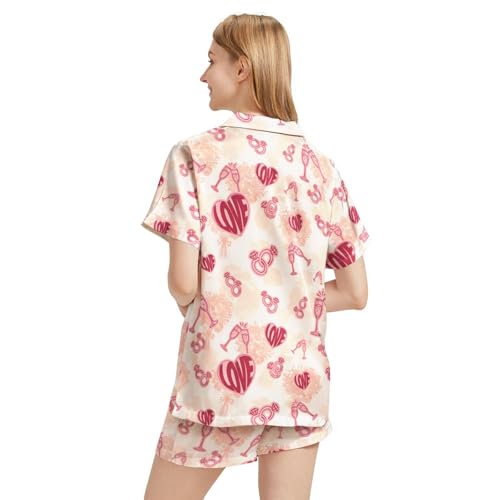 Image of Funny Pajamas for Women Set Print Satin Loungewear Pjs Short Sleeve Button Down Top and Shorts Sets Sleepwear XS-3XL