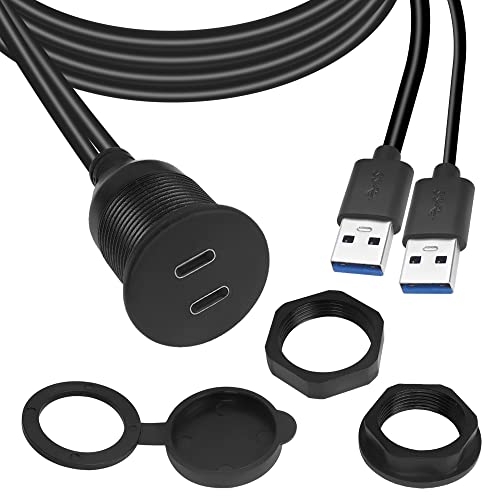 QIANRENON Podwójny adapter USB C na USB 3.0, z gwintem Flush Mount, wodoodporny kabel, 2 USB 3.0 x na 2 USB C żeński panel Mount Extension, do samochodów, łodzi, ciężarówek, jachtów, motocykli, 1 m