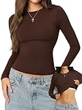 Danysu Womens Bulit in Bra Double Lined Nylon Long Sleeve Tops Crew Neck High Stretchy Fitted Fall Fashion Shirts 2025 Dark Coconut M