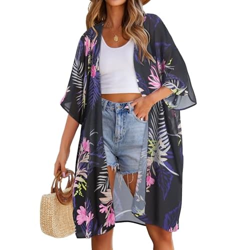 Summer Outfits for Women Casual Loose Swimwear Beach Cover up Hawaii Kimono Cardigans(01-Boho Pink Purple Floral,S)
