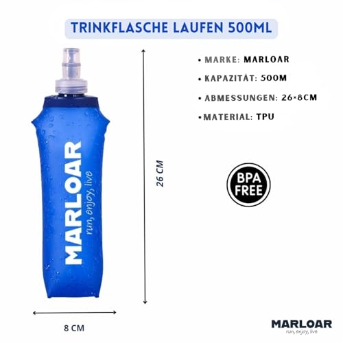 MARLOAR Faltbare Trinkflasche aus Silikon, Soft Flask 500 ml zum Laufen, Wandern und Radfahren, BPA-frei, 2 Stück, Blau