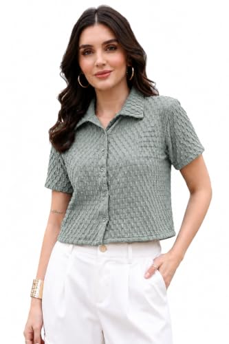 Image of Zilcon Women's Textured Polo Collar Shirt | Short Sleeve Button-Down Casual Crop Top | Soft Stretch Everyday Fashion Shirt