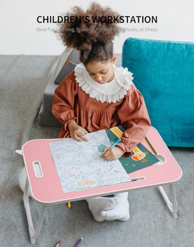 Image of ZEAPTAC Laptop Bed Desk, Foldable Lap Desk, Portable Lap Table, Laptop Stand with Cup Holder, Tablet Slot & Lifting Handle for Work, Write, Draw & Eat on Bed, Sofa or Couch - Pink