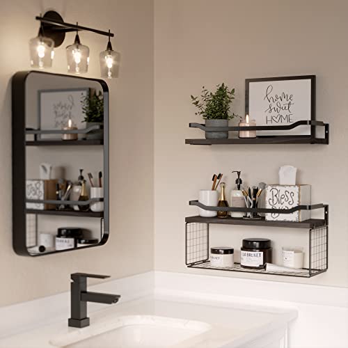 Wopitues Floating Shelves With Wire Storage Basket, Bathroom Shelves Over Toilet With Protective Metal Guardrail, Wood Wall Shelves For Bathroom, Bedroom, Living Room, Toilet Paper- Black Walnut #TOP4