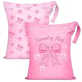 2 Stück Reise Wäschesack, 55X45CM Großer Wäschebeutel, Wasserdichter Schmutzwäschebeutel mit Seitengriffen & Reißverschluss, Für Reise & Heimaufbewahrung (Rosa Schleifen auf Rosa Hintergrund)