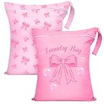 2 Pcs Large Travel Laundry Bags Waterproof Wet Dry Bag, Washable Dirty Clothes Bags for Travel，Drawstring, Bathing Suit, Workout, Gym Clothes Laundry, Swimming Pool & College Dorm, Pink Bow