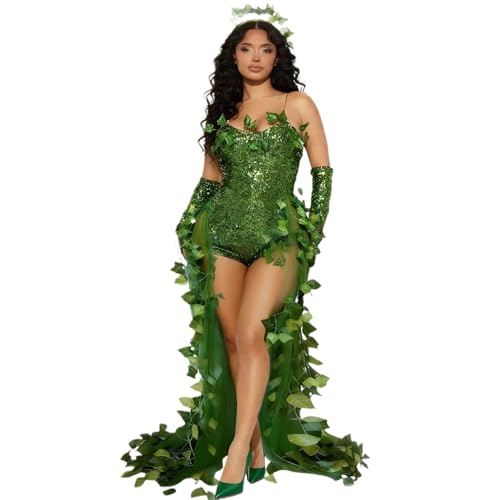 YUWETAO Women Halloween Deluxe Green Ivy Cosplay Costume Sleeveless Fake Leaves Sequin Fairy Dress + Gloves Headband Set (Tail Green, L)