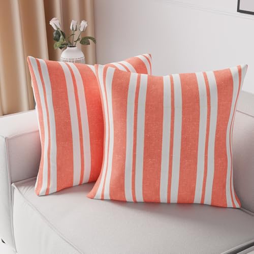 Image of Encasa XO Farmhouse Throw Pillow Covers Set of 2 (24x24 in) Franca Orange Stripes | Decorative Cushion Covers No Inserts | Plaid and Stripes Pillow Covers for Living Room, Couch
