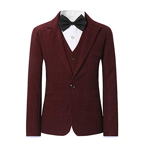Swotgdoby Boys Plaid Suits 3 Pieces Suit Set Blazer Vest Pants Formal 7 Colors For Wedding Party Red #TOP1