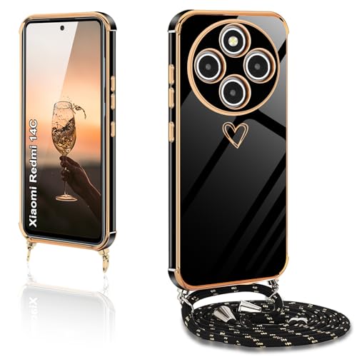 XCYYOO Cover per Xiaomi Redmi 14C con Cordino,Custodia Redmi 14C con Tracolla, antivibrazione e antigoccia TPU Silicone Cuore Carino Cover con Corda per Xiaomi Redmi 14C (Nero)