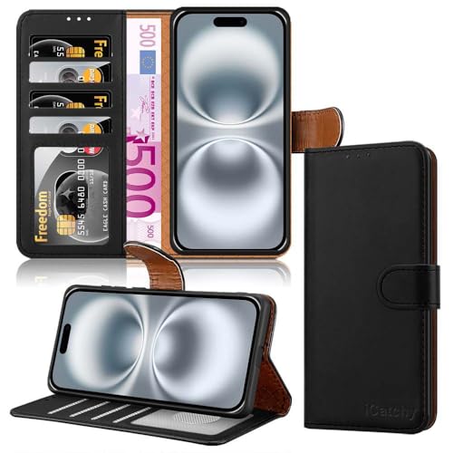 Image of iCatchy for iPhone 16 Wallet Case, Premium Leather Magnetic Flip Cover with RFID Blocking with 4 Card Slots Kickstand Shockproof Protection for iPhone 16 6.1 Inch, Black