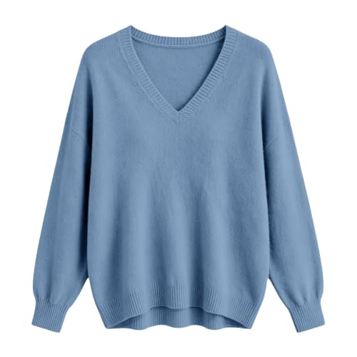 Women V Neck Knit Sweater Long Sleeve Lightweight Fall Pullover Sweater | Oversized Relaxed Fit Knit Pullover Curved Hem Soft Top For Casual Office Holiday Fall Winter Outfits — view 3