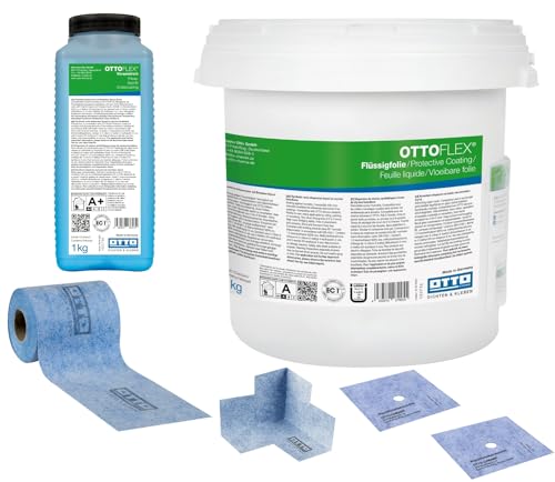 OTTOFLEX Komplett-Dichtset mit 7 kg Flüssigfolie und 1 Beutel Farbpaste (10g) 1 kg Voranstrich 2 Wanddichtmanschetten 15 x 15 cm 5 Meter OTTOFLEX Objektdichtband 1 Innenecke Abdichtung