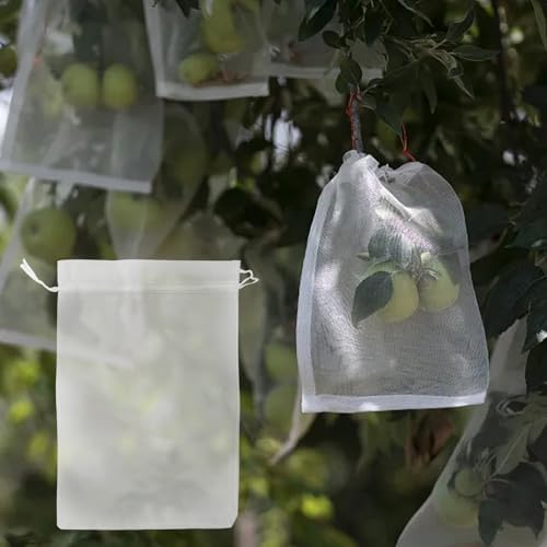 Helilyco Lot de 100 sacs de protection pour fruits avec cordon de serrage en organza pour arbres fruitiers - 3 tailles (10 x 15 cm, 15 x 20 cm, 20 x 30 cm) - Réutilisable - Maille antiparasitaire
