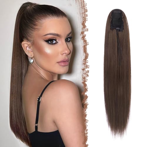 FESHFEN Coleta Postiza Pelo Liso, 70 cm Cola de Caballo Extension Cordón Larga Lisa Extensión Pelo Coleta Sintética Ponytail Drawstring Extensiones Postizos para Mujeres, Marrón Claro