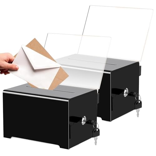 Lot de 2 boîtes à dons verrouillables - 16 x 12 x 10 cm - En acrylique - Avec clé - En acrylique - Avec fente - Noir - Pour voter, jeux au sort, commentaires