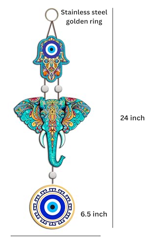 Image of GENXTRA Luxury Designer Elephant Ganesha Evil Eye Wooden Wall Hanging for Luck & Prosperity | Home Decoration | Living Room | Spiritual Decor Items | Ethnic Wall Art | Nazar Protection Hanging
